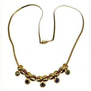 Vintage Signed Avon Birthstone Necklace Gold Tone 5 Bow Charms with Crystals